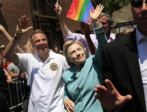 Democratic presidential candidate Hillary Clinton joined the tail end of the route to celebrate gay pride. 