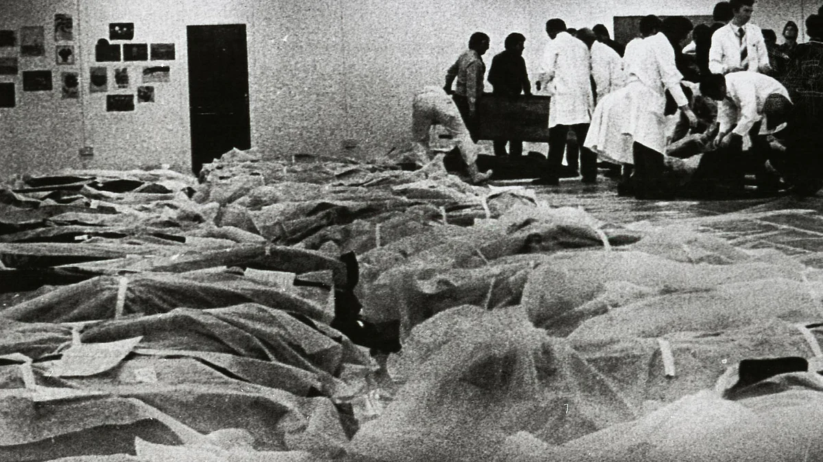 Victims of the Air India jumbo jet which crashed 150 miles off the coast of Cork, Ireland at the Cork Regional Hospital on 24 June 1985. 