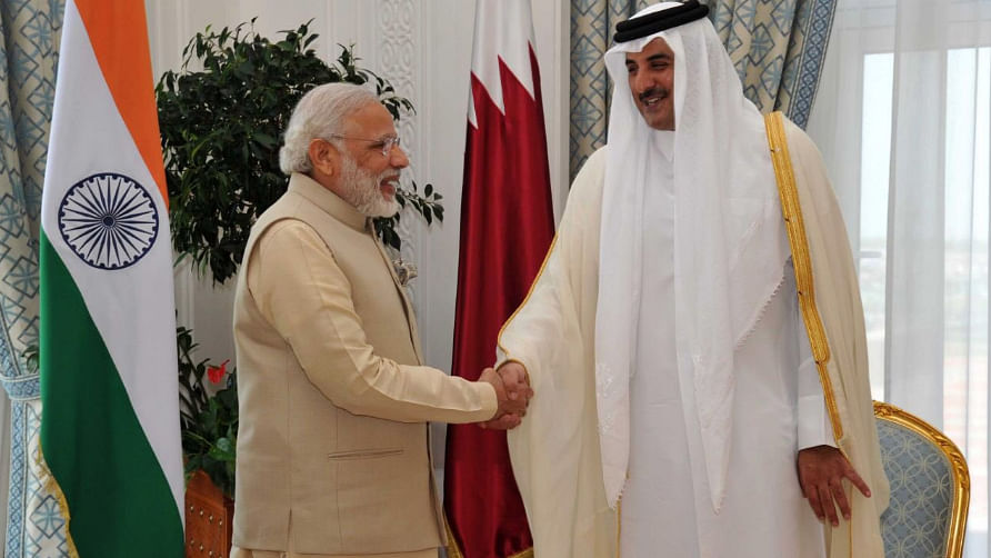 Prime Minister Narendra Modi with Sheikh Tamim Bin Hamad Al Thani in Qatar. (Photo: Twitter/<a href="https://twitter.com/narendramodi">@NarendraModi</a>) 