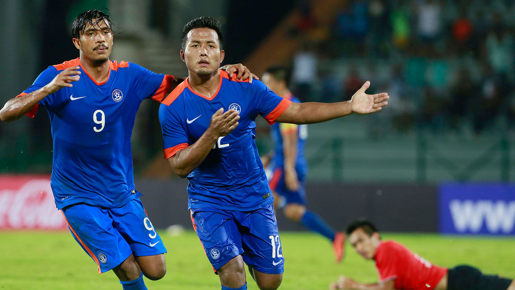 Jeje Lalpekhlua (right), celebrates after scoring a goal against Laos. (Photo: AP)