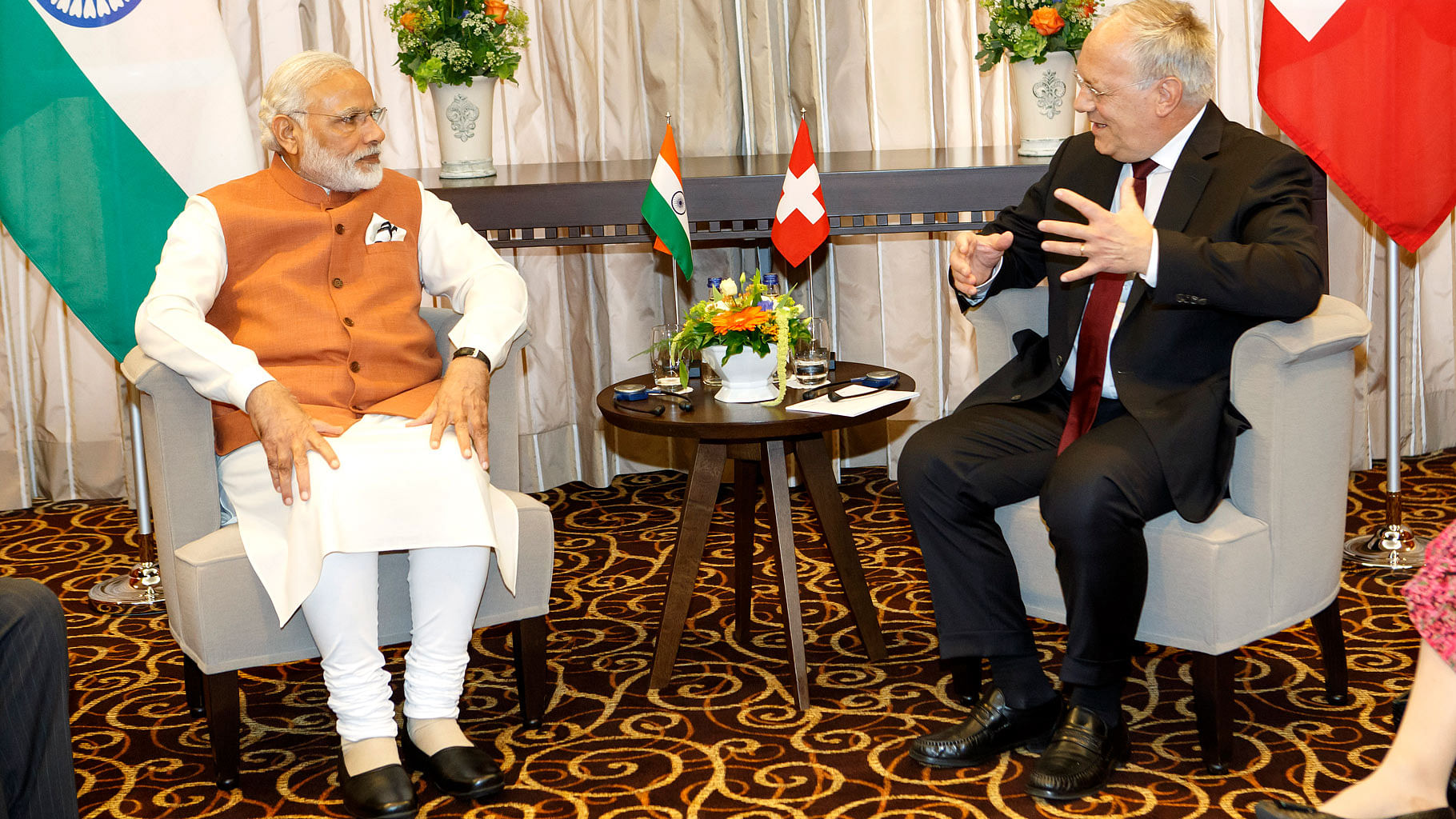 

Swiss President Johann Schneider-Ammann speaks with the Indian Prime Minister Narendra Modi during a bilateral meeting, in Geneva, Switzerland, Monday, 6 June 2016. (Photo: AP)