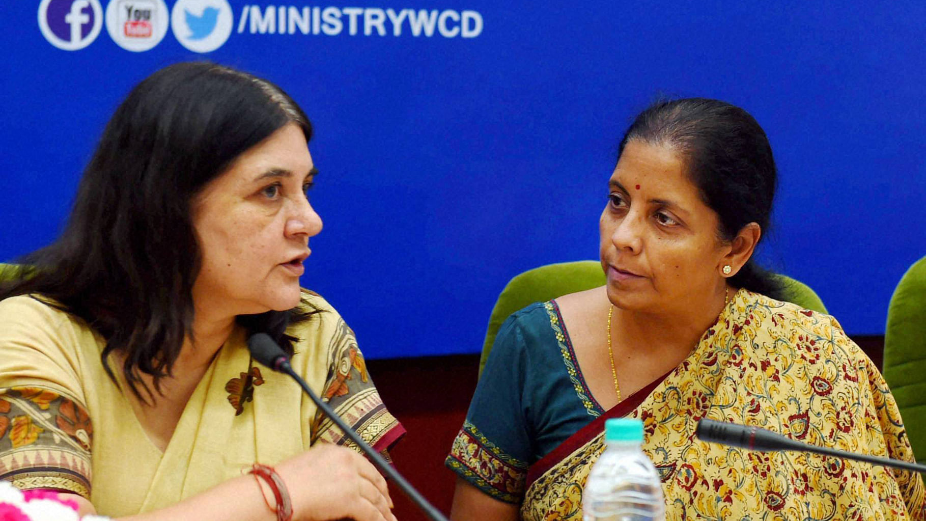 Union Minister for Women and Child Development, Maneka Gandhi (L) with Commerce Minister Nirmala Sitharaman during the All India Women Journalists’ workshop  in New Delhi on Tuesday. (Photo: PTI)