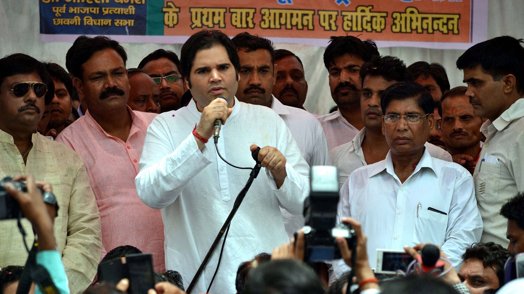 

 BJP’s Sultanpur MP Varun Gandhi addressing  a public meeting in Agra on July 5, 2015. (Photo: IANS)