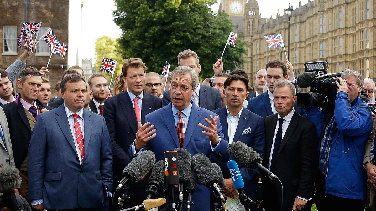 Leader of the UK Independent Party (UKIP) Nigel Farage talks to the media on Friday as UK decided to leave EU. (Photo: AP)