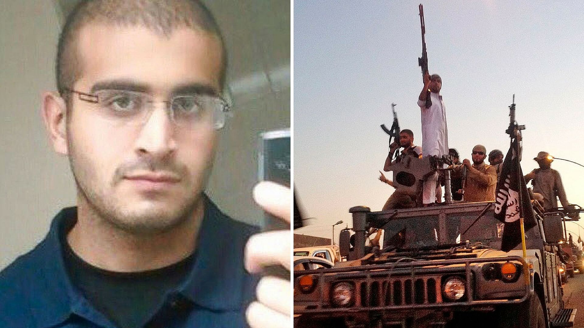 Orlando shooter Omar Mateen (L) and ISIS fighters (R). Photo used for representational purpose. (Photo: <b>The Quint</b>)
