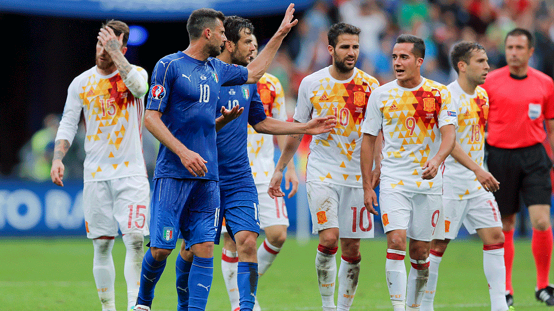 Italy’s Thiago Motta, talks to Spain’s Lucas Vazquez, at the end of the Euro 2016 round of 16 soccer match between Italy and Spain. (Photo: AP)