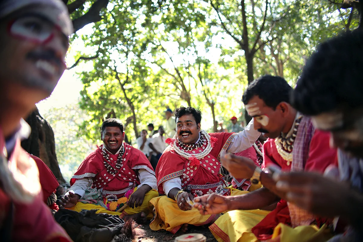 Goravara Kunitha dancers ready themselves for a public performance in Karnataka. (Photo: Souvid Datta)