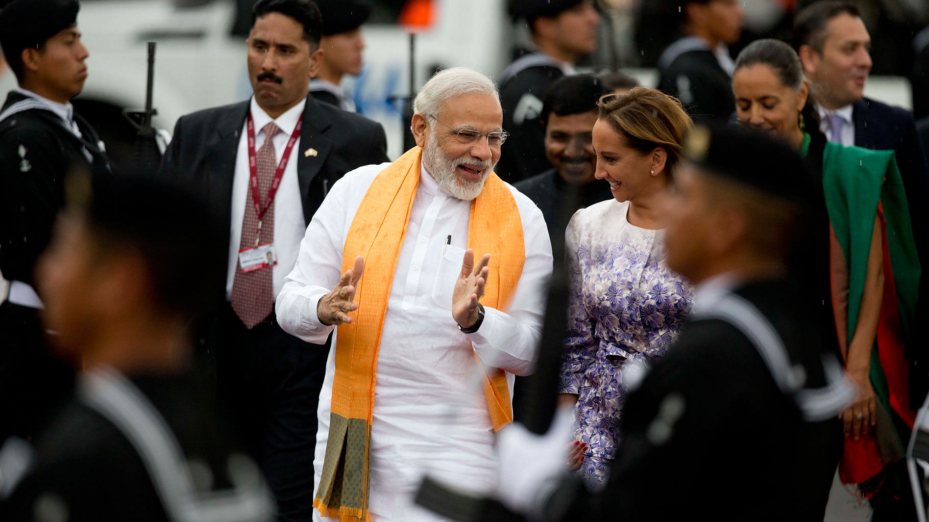 Prime Minister Narendra Modi being  received by Mexican Secretary of Foreign Affairs Claudia Ruiz Massieu at the Mexico City airport on June 8. (Photo: AP) 