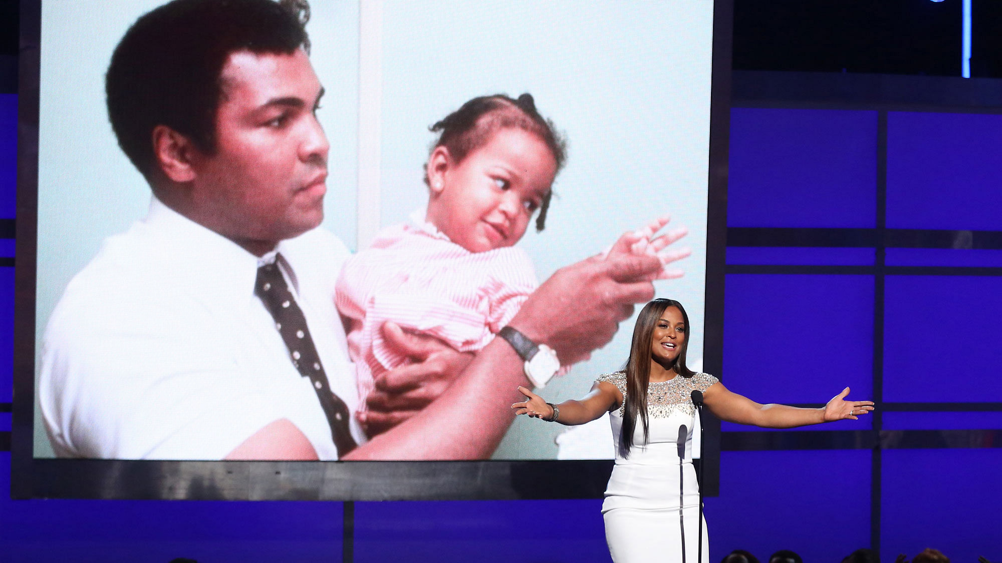 Laila Ali speaks during a tribute to her late father, Muhammad Ali, at the BET Awards at the Microsoft Theater on Sunday. (Photo: AP)