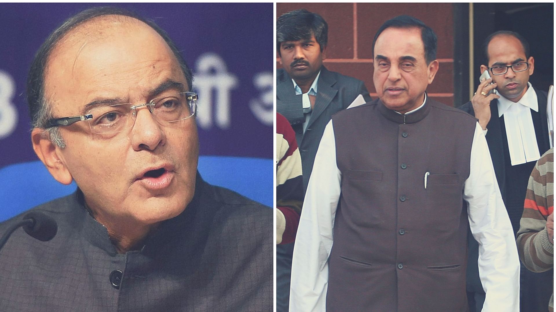 Finance Minister Arun Jaitley (R) and Subramaniam Swamy. (Photo: PTI/<b>The Quint</b>)