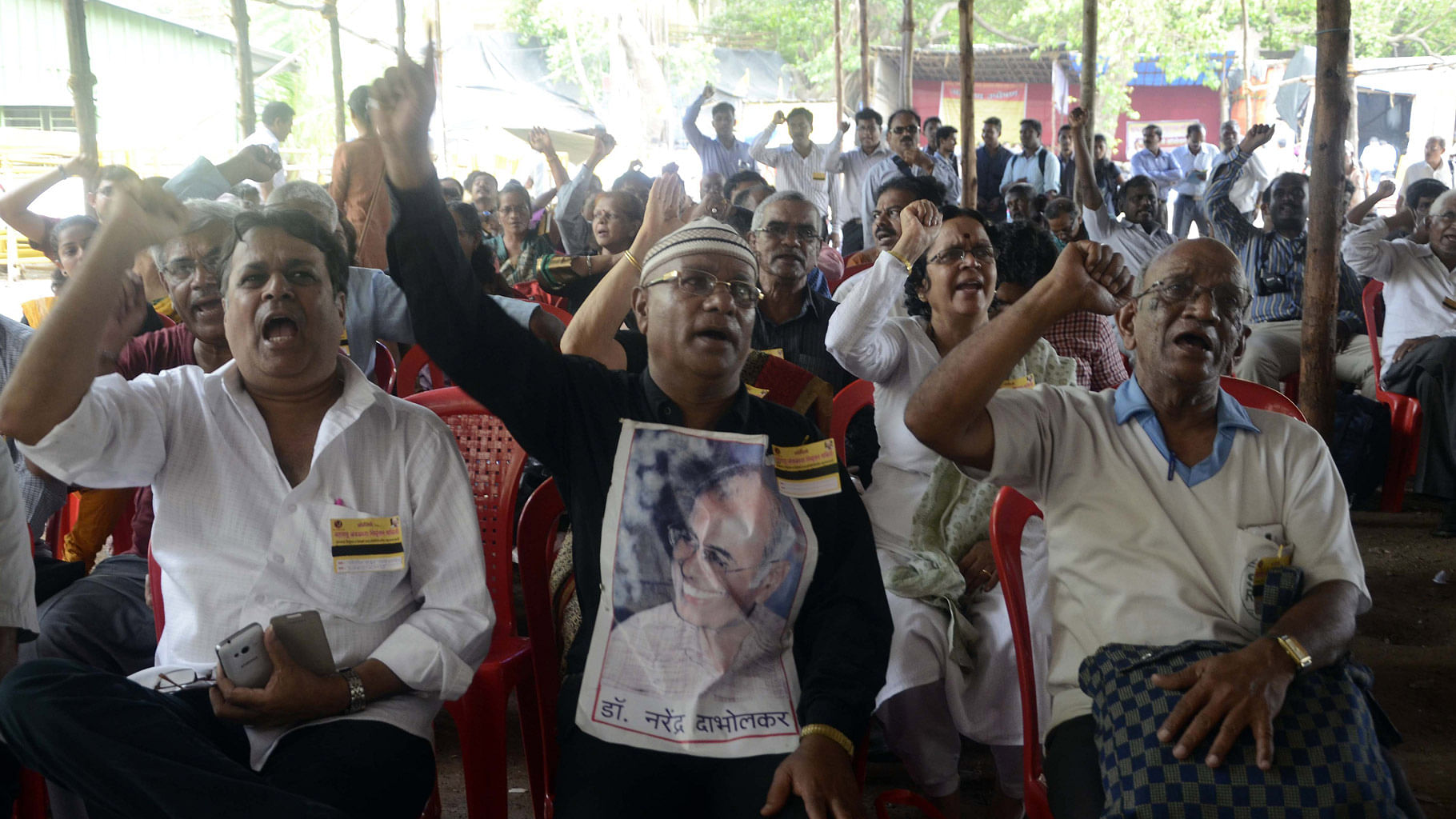 Supporters of rationalist Narendra Dabholkar stage a demonstration against his killing. (Photo: IANS)
