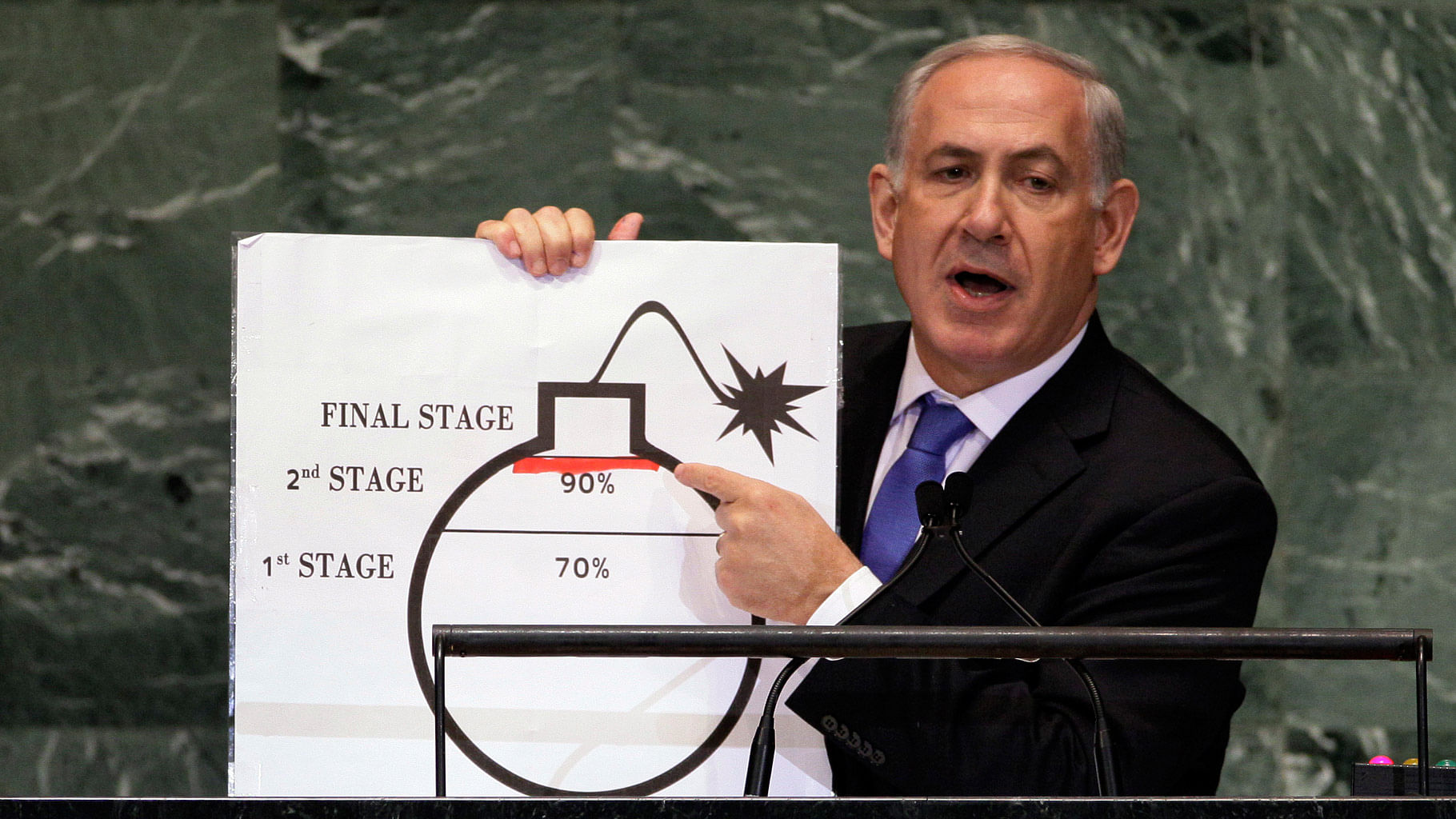 

 In this September 27, 2012 file photo, Israeli Prime Minister Benjamin Netanyahu shows an illustration as he describes his concerns over Iran’s nuclear ambitions during his address to the 67th session of the United Nations General Assembly. (Photo: AP)