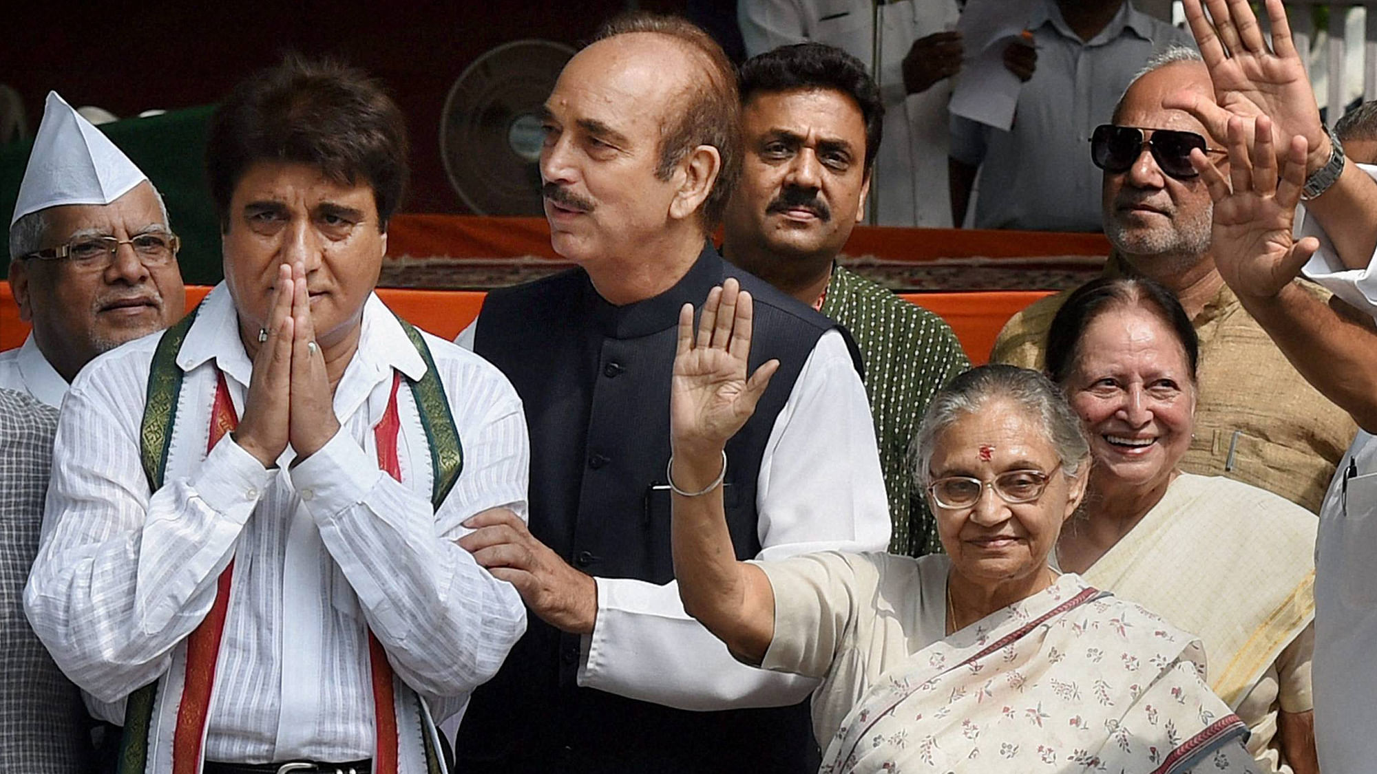 Congress’ Chief Ministerial face Sheila Dikshit, General secretary in charge of party affairs in UP, Ghulam Nabi Azad and state unit chief Raj Babbar. (Photo: PTI)