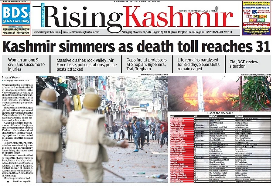 <i>Rising Kashmir</i> reporting the mounting death toll. (Photo: Screenshot/<a href="http://epaper.risingkashmir.com/"><i>Rising Kashmir</i></a>)