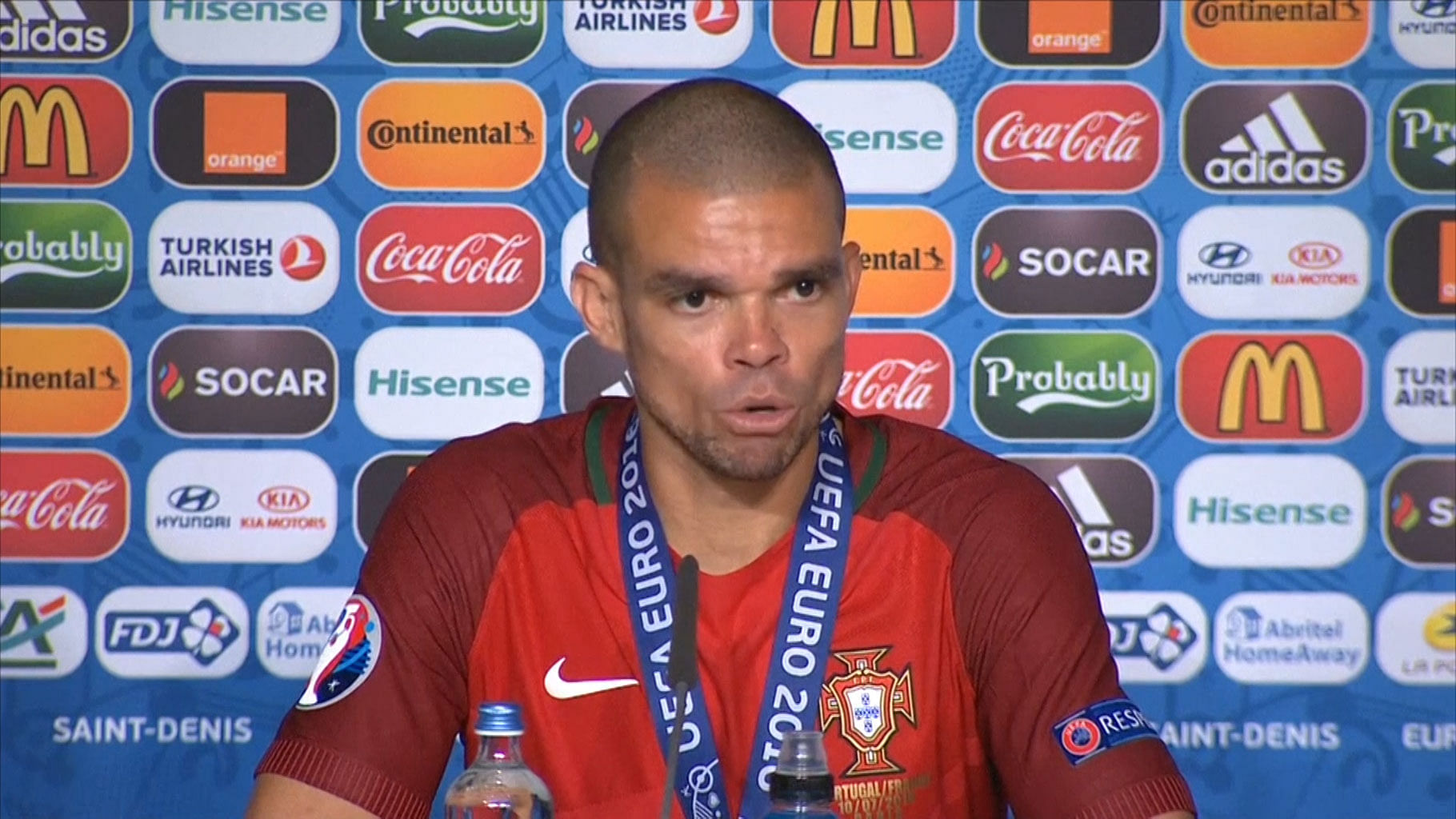 Portugal’s Pepe speaks to the media after Portugal won Euro 2016. (Photo: AP/SNTV)