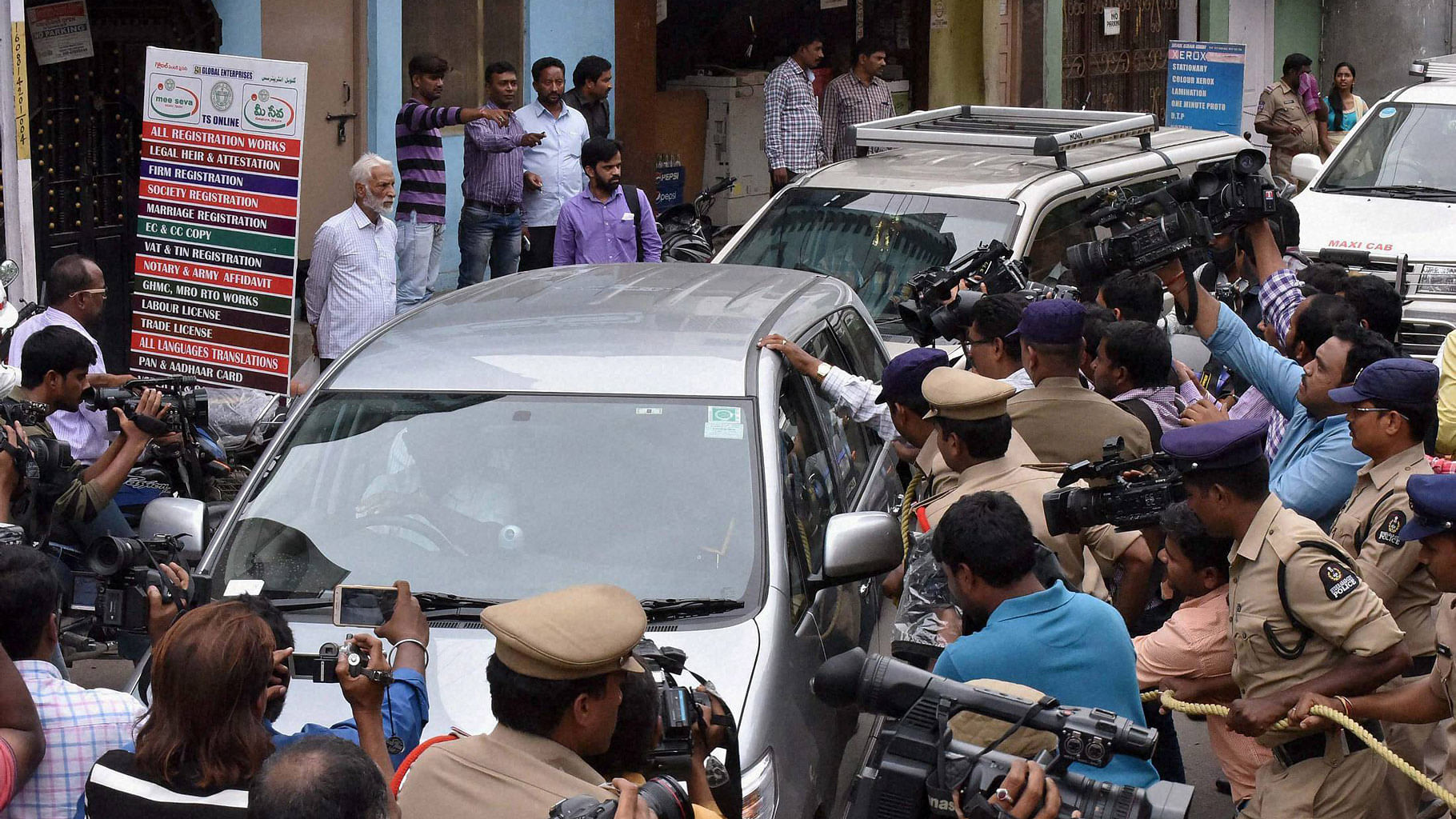 Five accused, arrested by NIA in connection with suspected IS links, being produced at Nampally criminal courts in Hyderabad on Thursday. (Photo: PTI)
