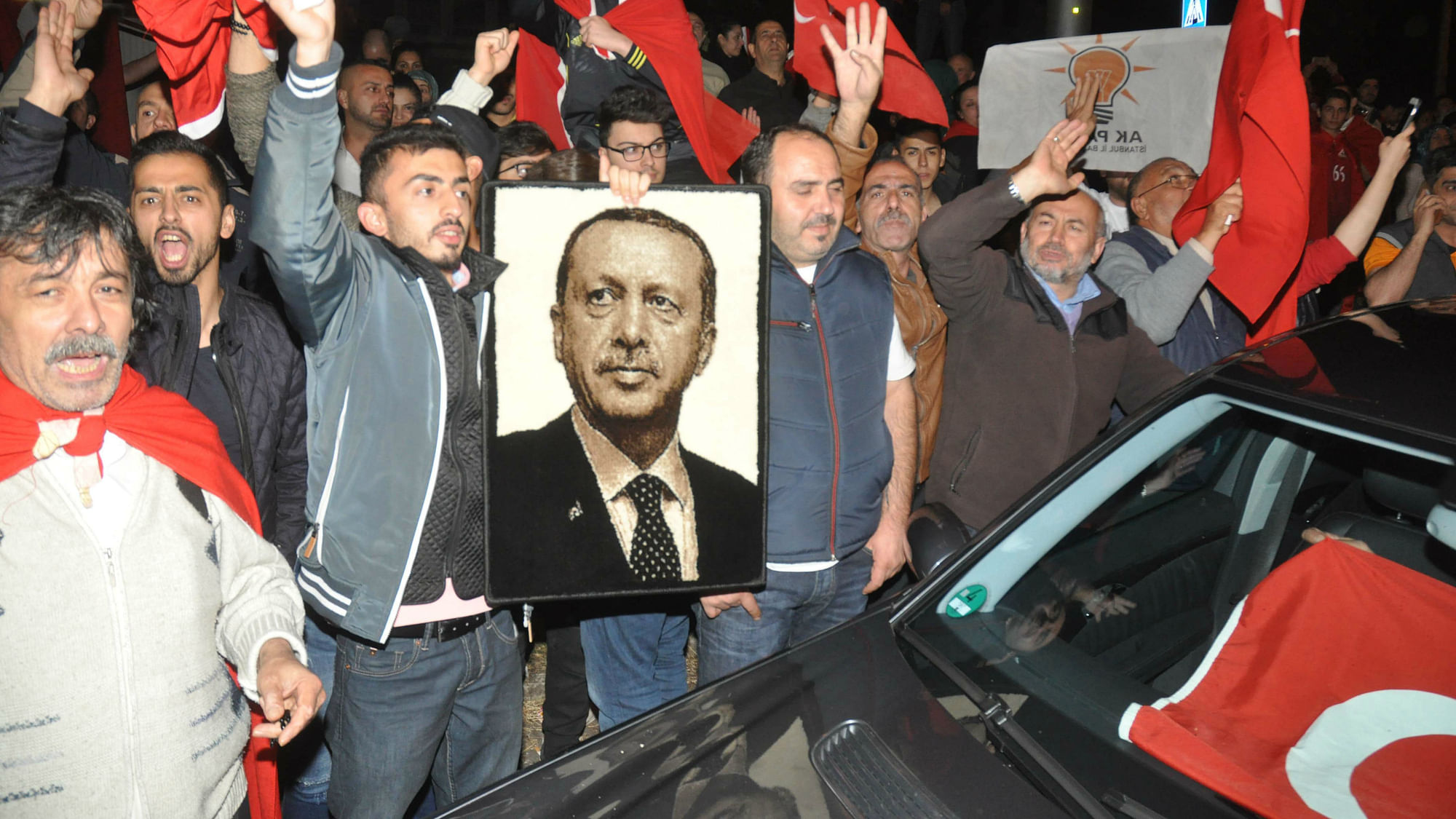 Supporters of Turkish President Recep Tayyip Erdogan demonstrate at the Turkish consulate in Stuttgart in Germany. (Photo:  AP)