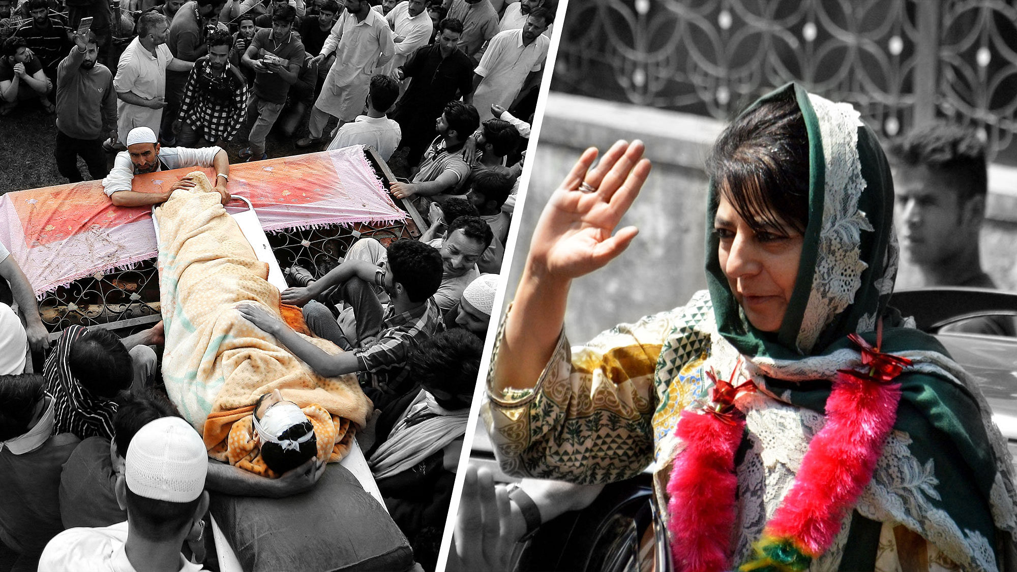 Funeral procession of Hizbul commander, Burhan Wani (L), Jammu and Kashmir chief minister, Mehbooba Mufti (R). (Photo: Agencies/ Altered by <b>The Quint</b>)