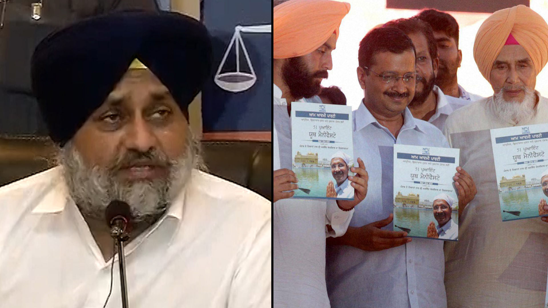 Punjab’s Deputy Chief Minister Sukhbir Singh Badal (left) has slammed Aam Aadmi Party for hurting Sikh religious sentiments. (Photo: altered by <b>The Quint</b>)