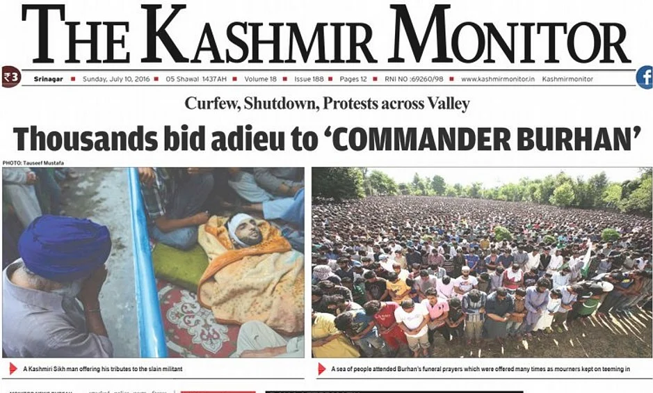 The front page of <i>The Kashmir Monitor</i> on Sunday. (Photo: Screenshot/<a href="http://www.kashmirmonitor.in/Details/106593/thousands-bid-adieu-to-%E2%80%98commander-burhan"><i>The Kashmir Monitor</i></a>)