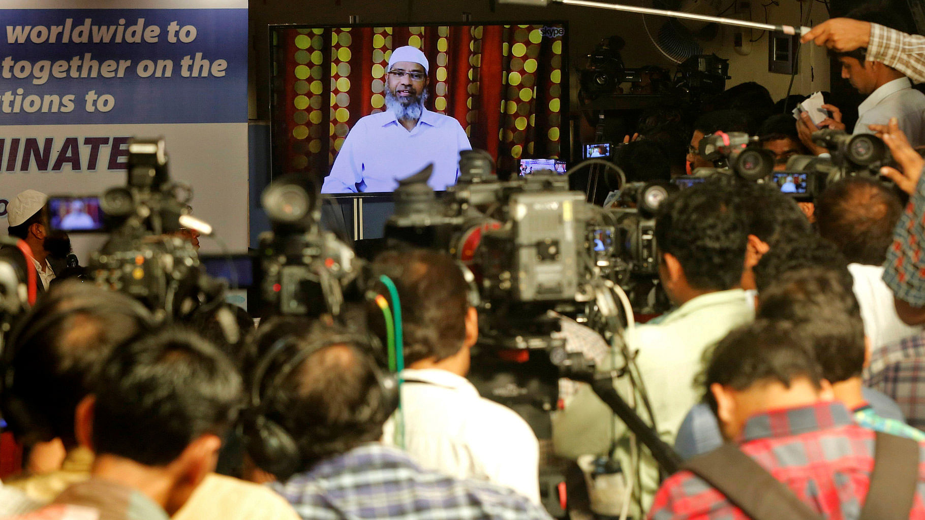 Zakir Naik addressing journalists in Mumbai via Skype. (Photo Courtesy: Reuters)