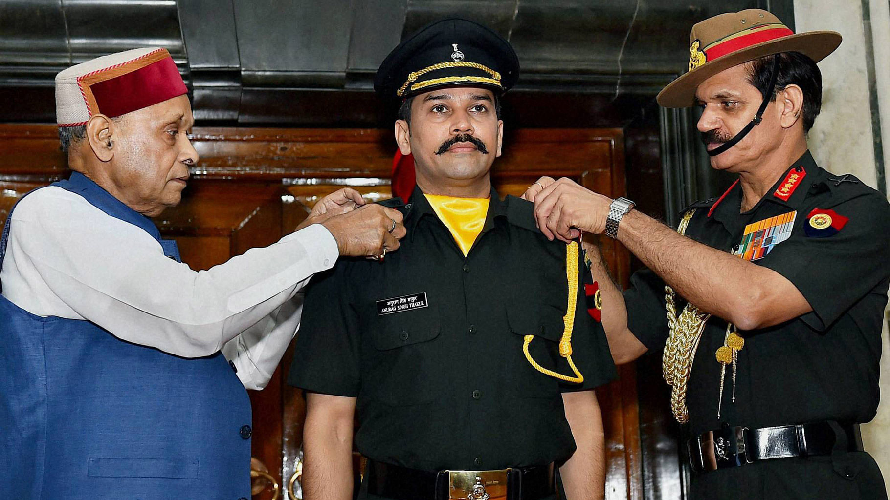 Anurag Thakur being conferred the title of Lieutenant in the Territorial Army. (Photo: PTI)