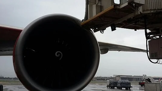 Air India flight that hit the aerobridge. (Photo: Twitter @<a href="https://twitter.com/ANI_news">ANI_news</a>)