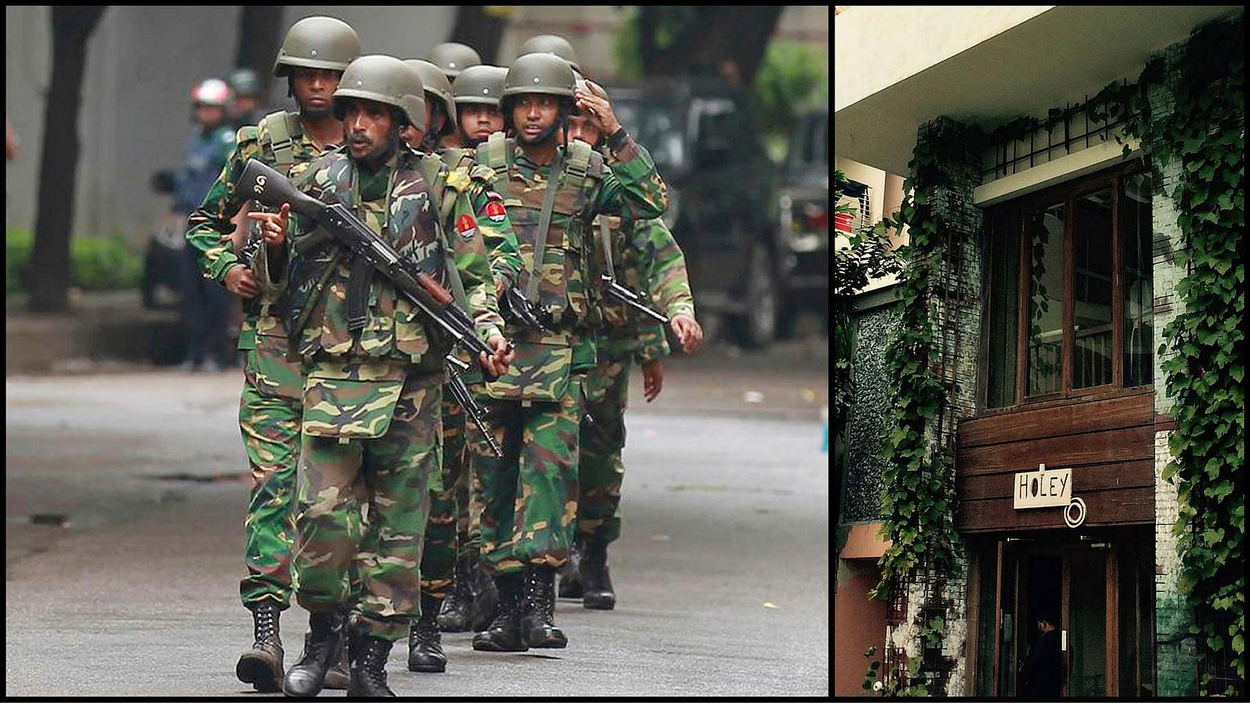 Bangladeshi soldiers (left) walk out of the Holey Artisan Bakery (right) which came under terrorist attack on Friday, 1 July 2016. (Photo: <b>The Quint</b>)