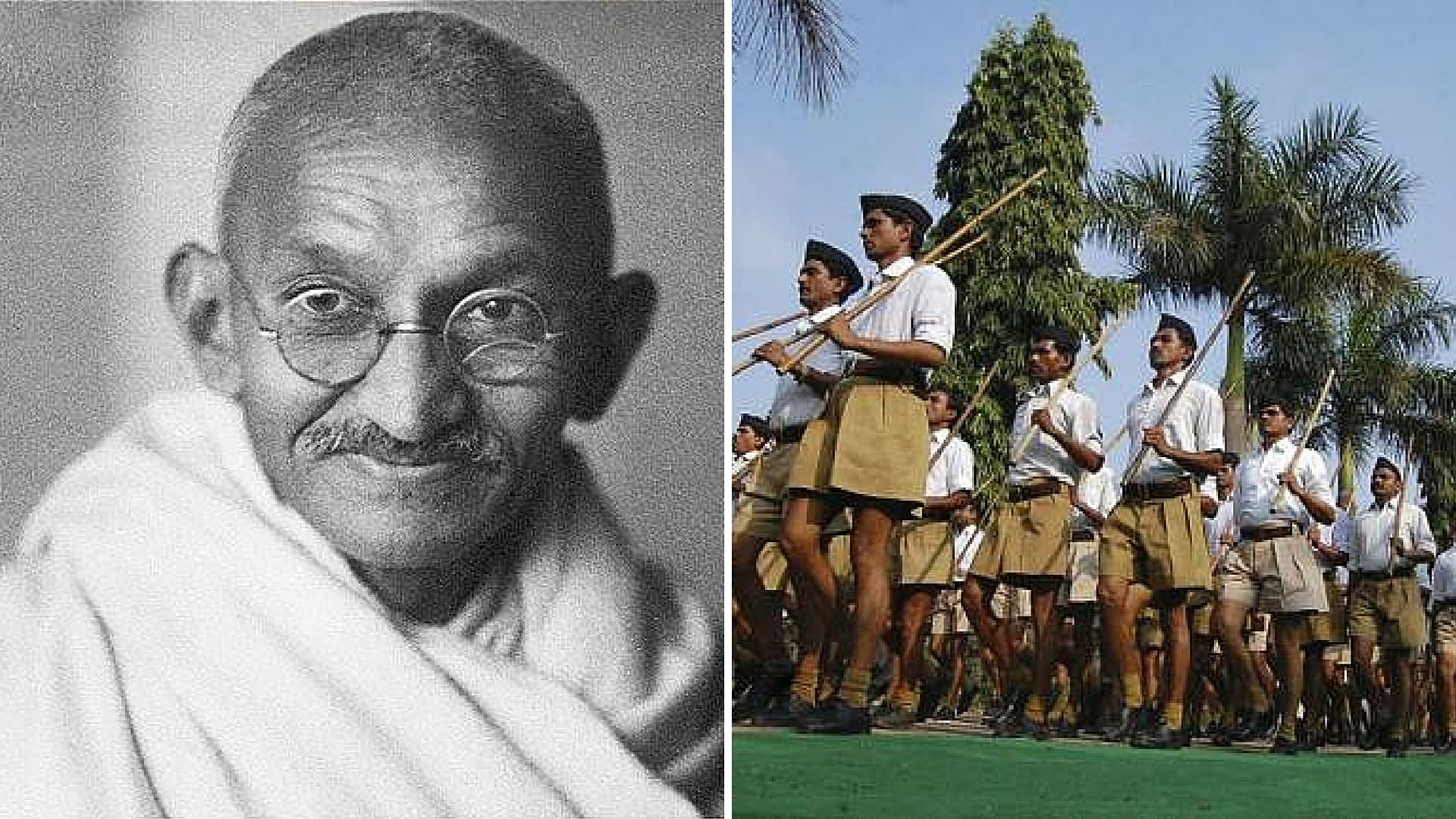 Mahatma Gandhi (L), and RSS volunteers marching. (Photo altered by <b>The Quint</b>)