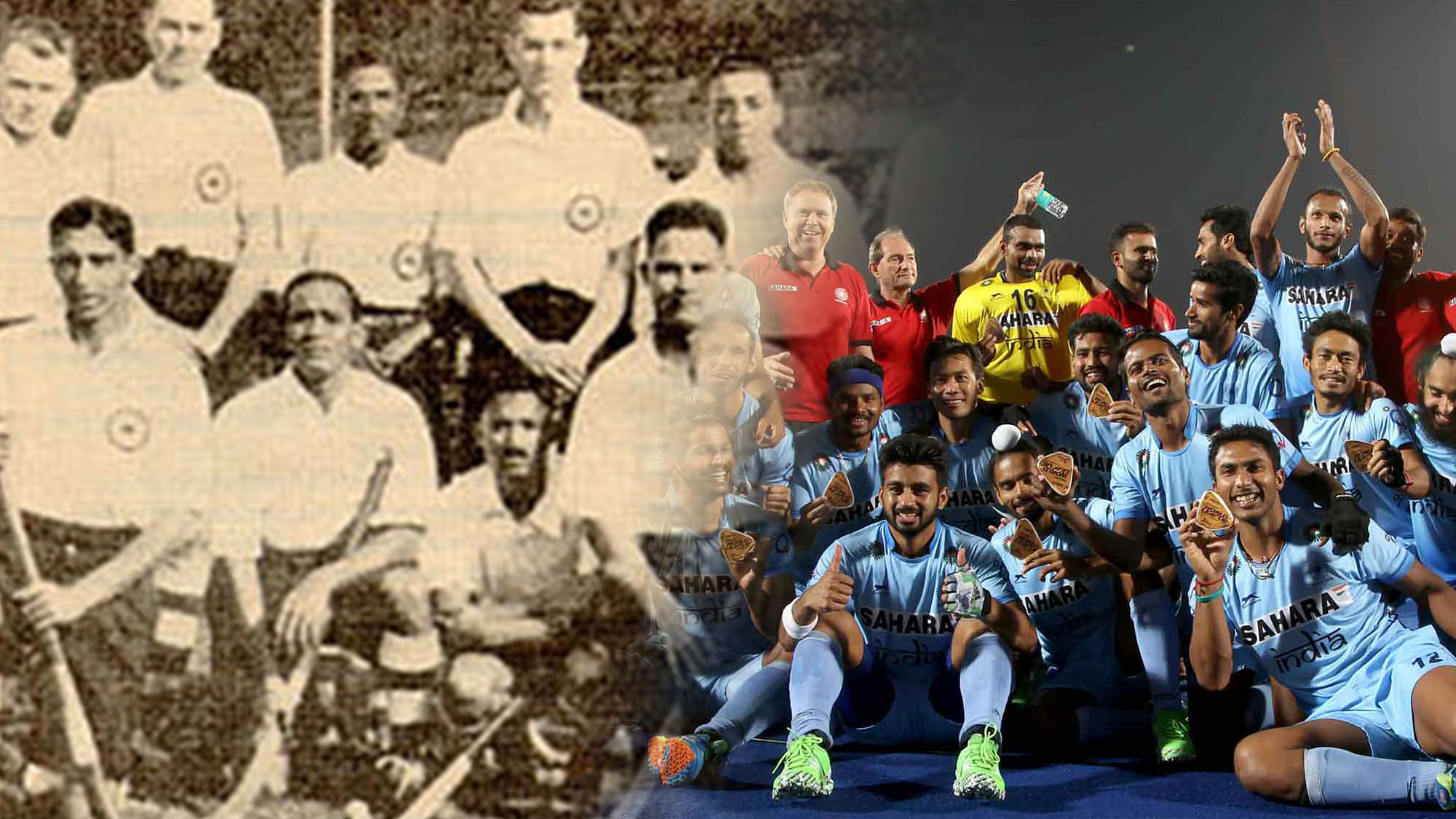 The Indian Hockey Team at the 1928 Olympics (left) and the current squad. (Photo: altered by <b>The Quint</b>)