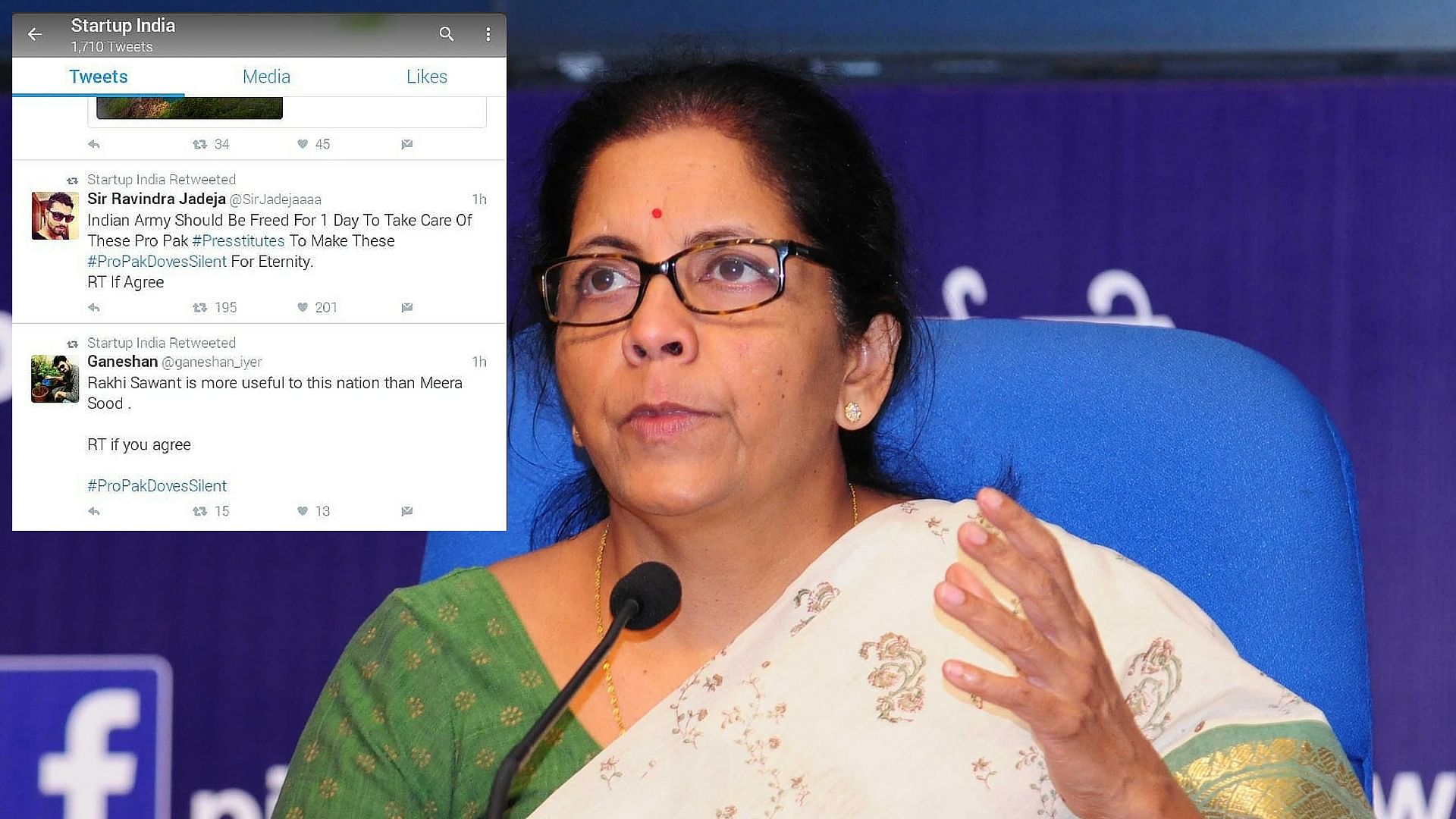 

Commerce and Industry Minister Nirmala Sitharaman; screenshot of Startup India’s retweets (inset). (Photo: IANS/Altered by <b>The Quint</b>)