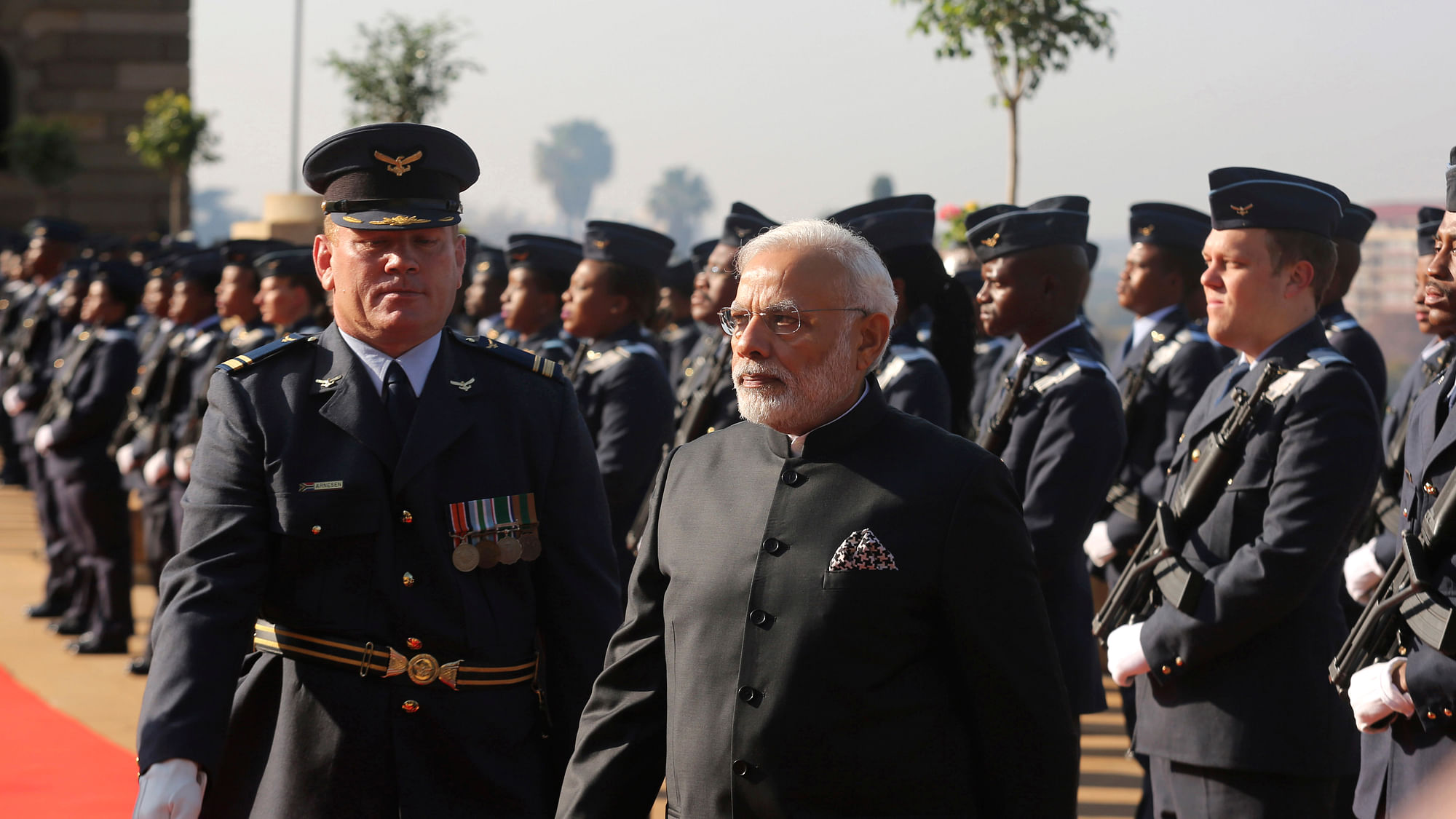 Prime Minister Narendra Modi inspects a guard of honour at an arrival ceremony at the Union Building in Pretoria South Africa. (Photo: AP)