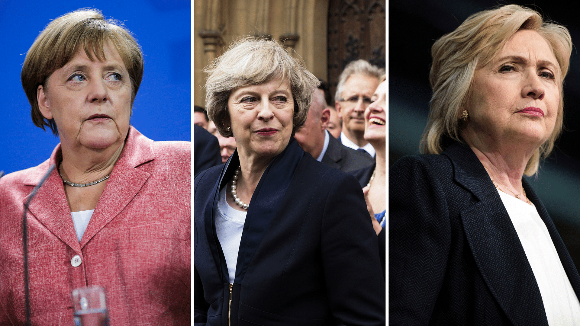 By early 2017, women may well be leading three of the six largest economic powers of the world. From left: Angela Merkel, Theresa May and Hillary Clinton. (Photos: AP)