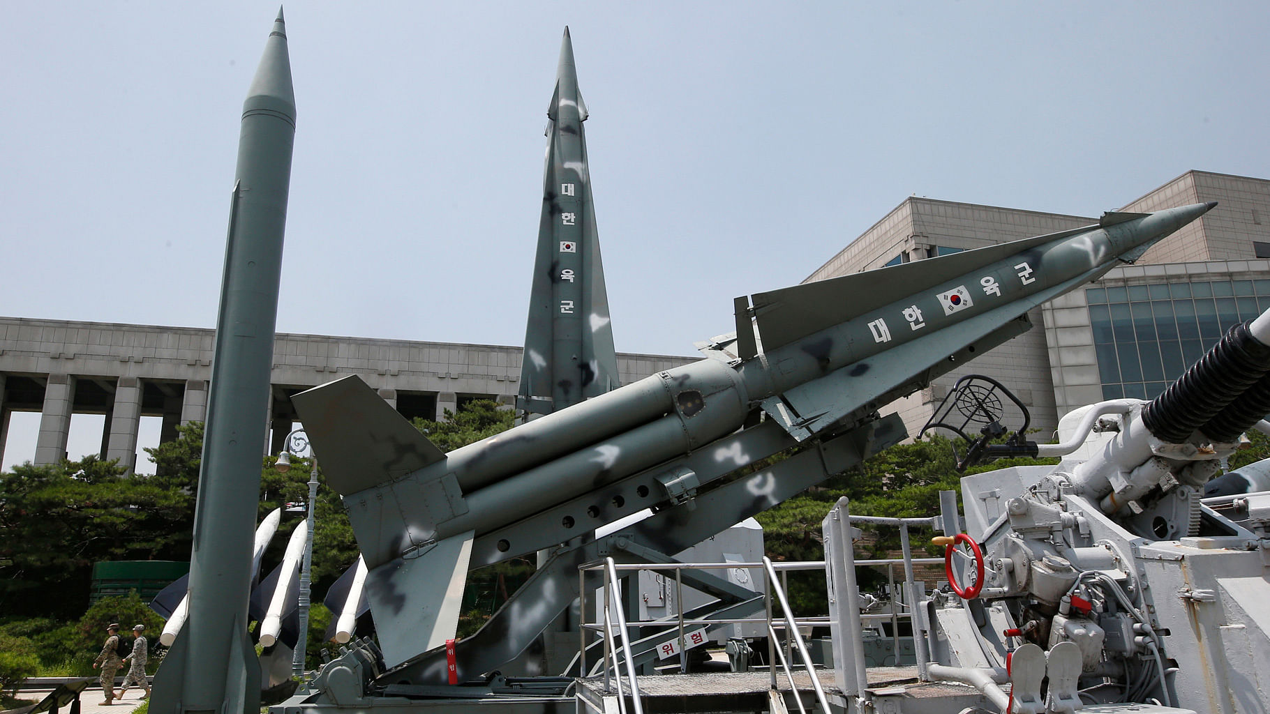 South Korea’s mock missiles are displayed next to North Korea’s mock Scud-B, left, at the Korea War Memorial Museum in Seoul, South Korea. (Photo: AP)