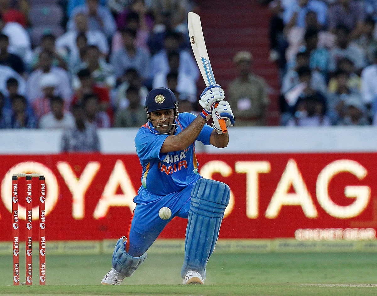 MS Dhoni hits a shot during the first one-day international match against England. (Photo: Reuters)