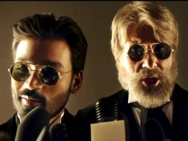 Dhanush with Big B in <i>Shamitabh</i>.