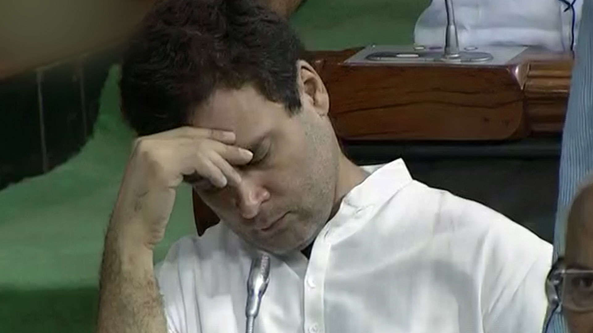 Congress Vice President Rahul Gandhi spotted sleeping in Lok Sabha on Wednesday. (Photo: LSTV screengrab)
