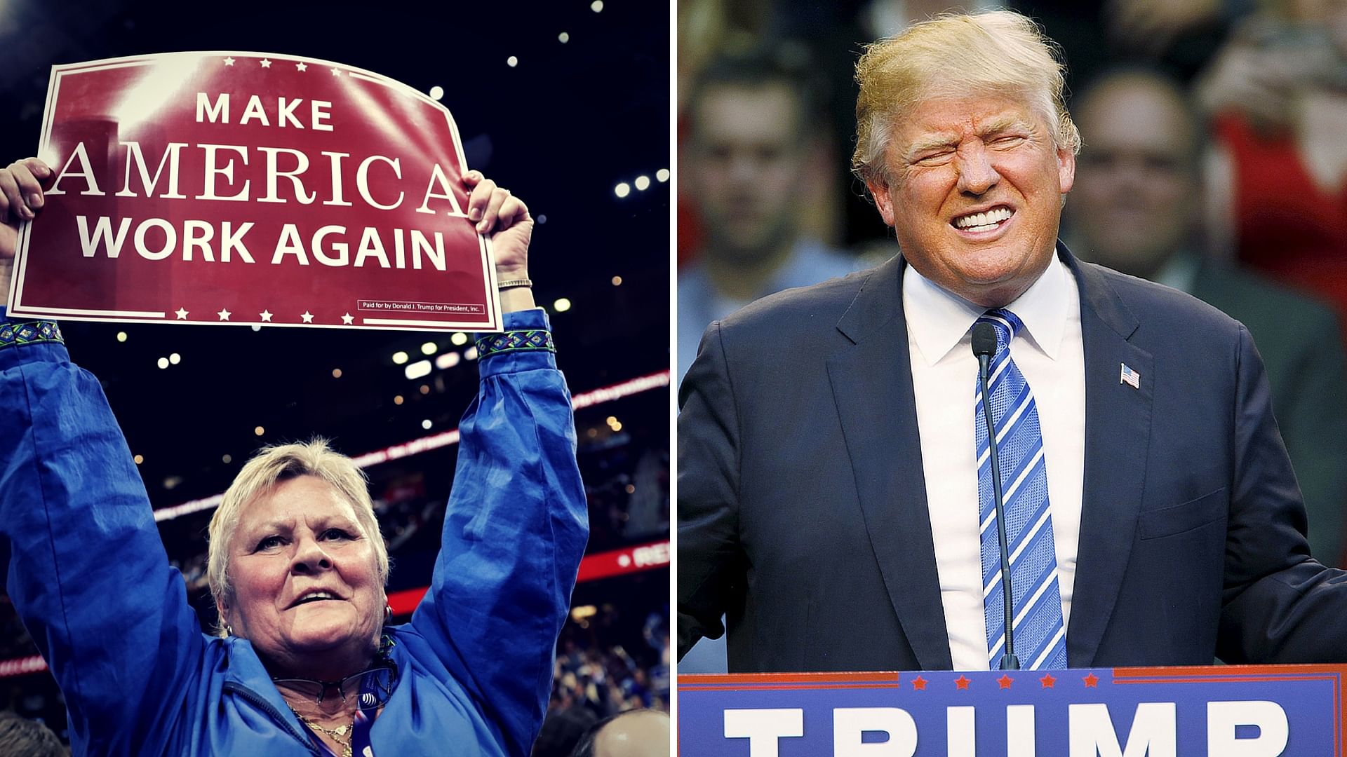 A Trump supporter holds up a banner at the Republican Convention (L), Donald Trump (R). (Photo: AP/Altered by <b>The Quint</b>)