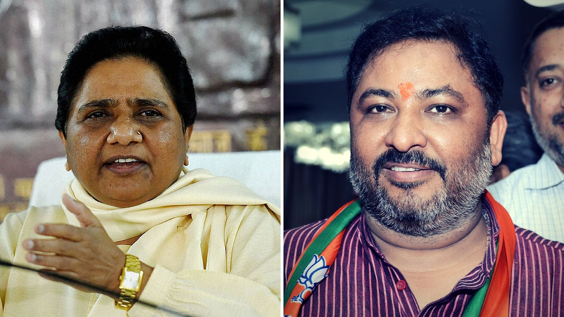 BJP supremo Mayawati (L) and former BJP Vice President in UP, Dayashankar Singh. (Photo: PTI, IANS/Altered by <b>The Quint</b>)