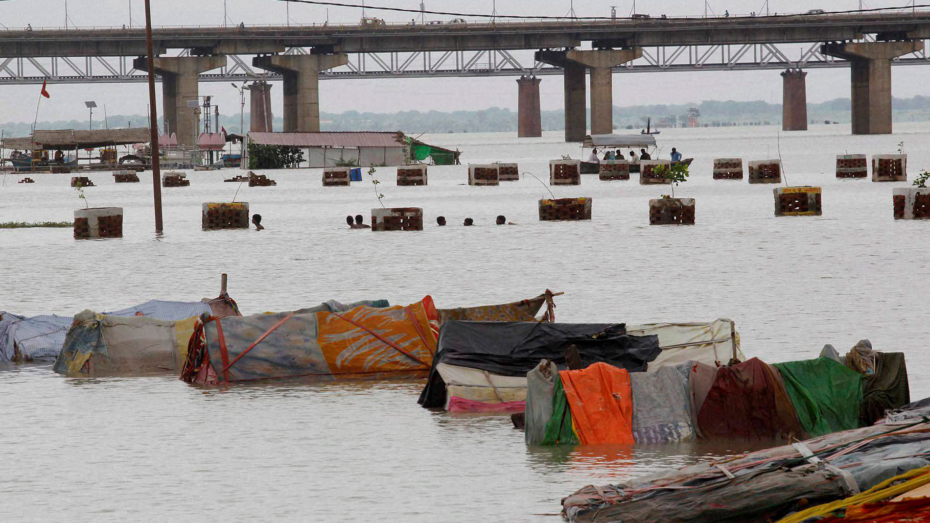Lower areas submerged in floodwater of river Ganga after a heavy downpour caused the rise in water levels in Allahabad. (Photo : PTI)