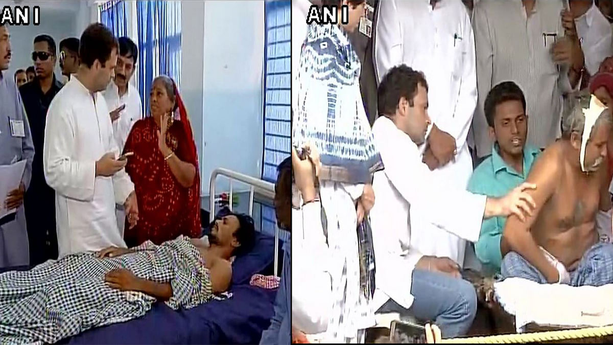 Rahul Gandhi meeting Ramaben (left photograph) and Dalit victims (right photograph) in Una, Gujarat. (Photo Courtesy: Twitter/@ANI)