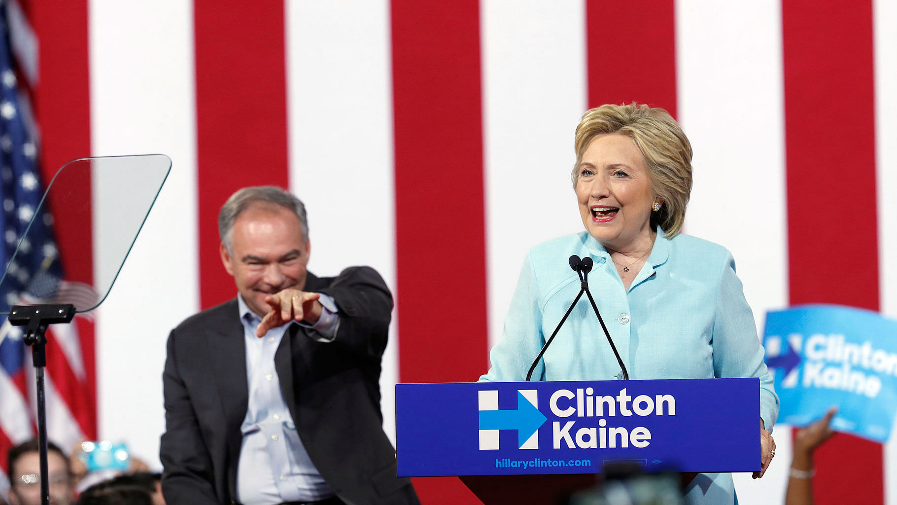 Democratic presidential candidate Hillary Clinton is joined by Senator Tim Kaine, D-Va., as she speaks at a rally at Florida International University. (Photo: AP)
