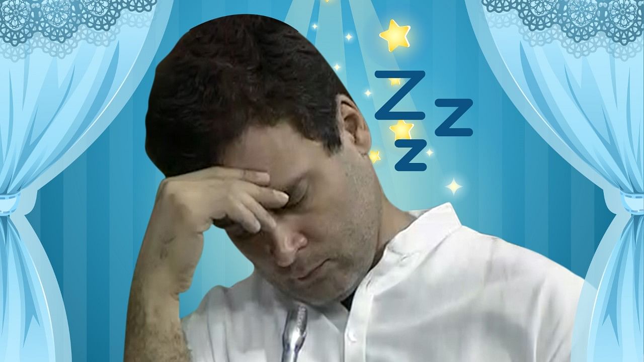 Rahul Gandhi steals a nap during the Parliament session. (Photo: Altered by <b>The Quint</b>)