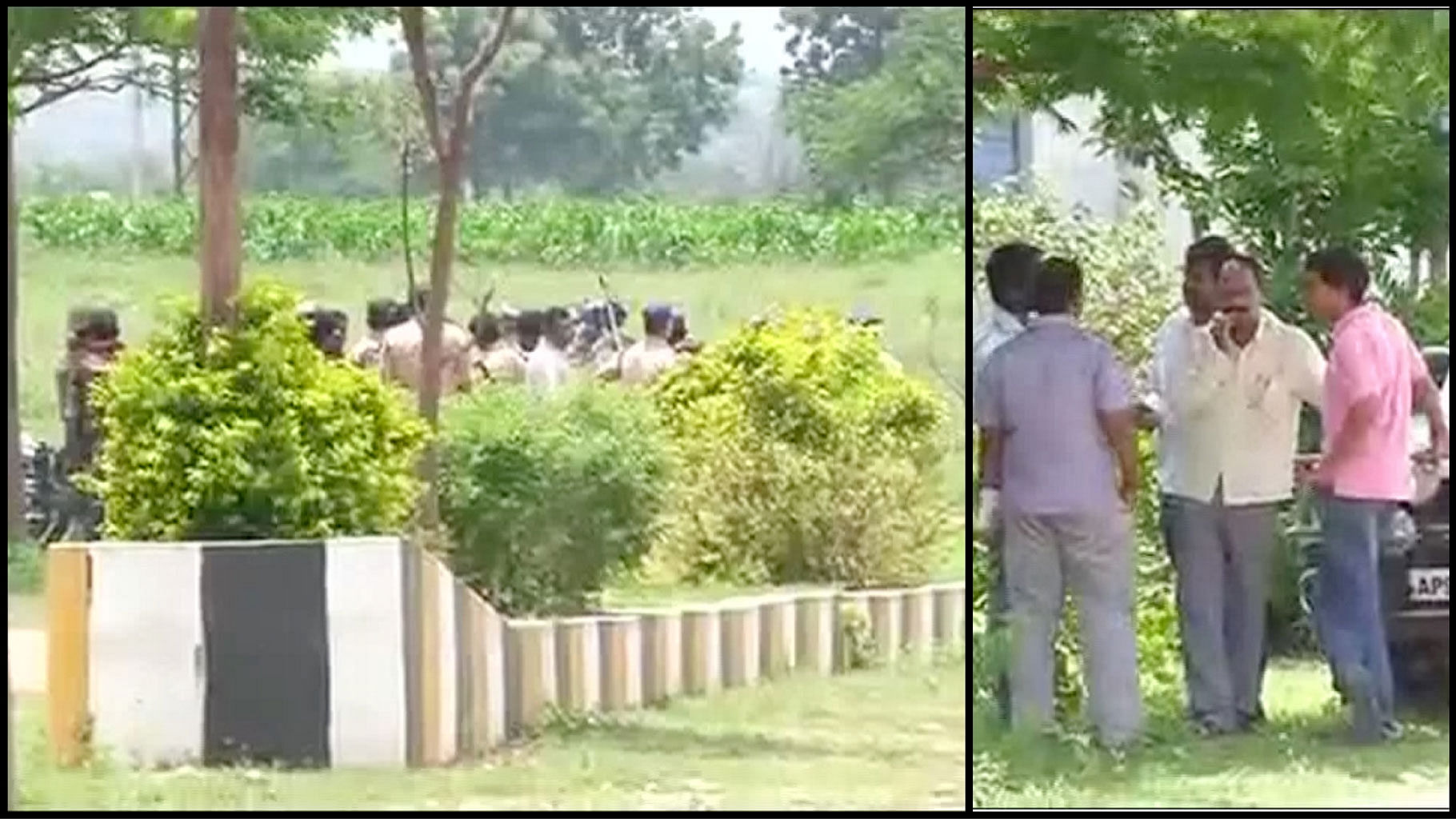 Telangana police officials during the encounter in Shadnagar on Monday, 8 August 2016. (Photo Courtesy: ANI/altered by <b>The Quint</b>)
