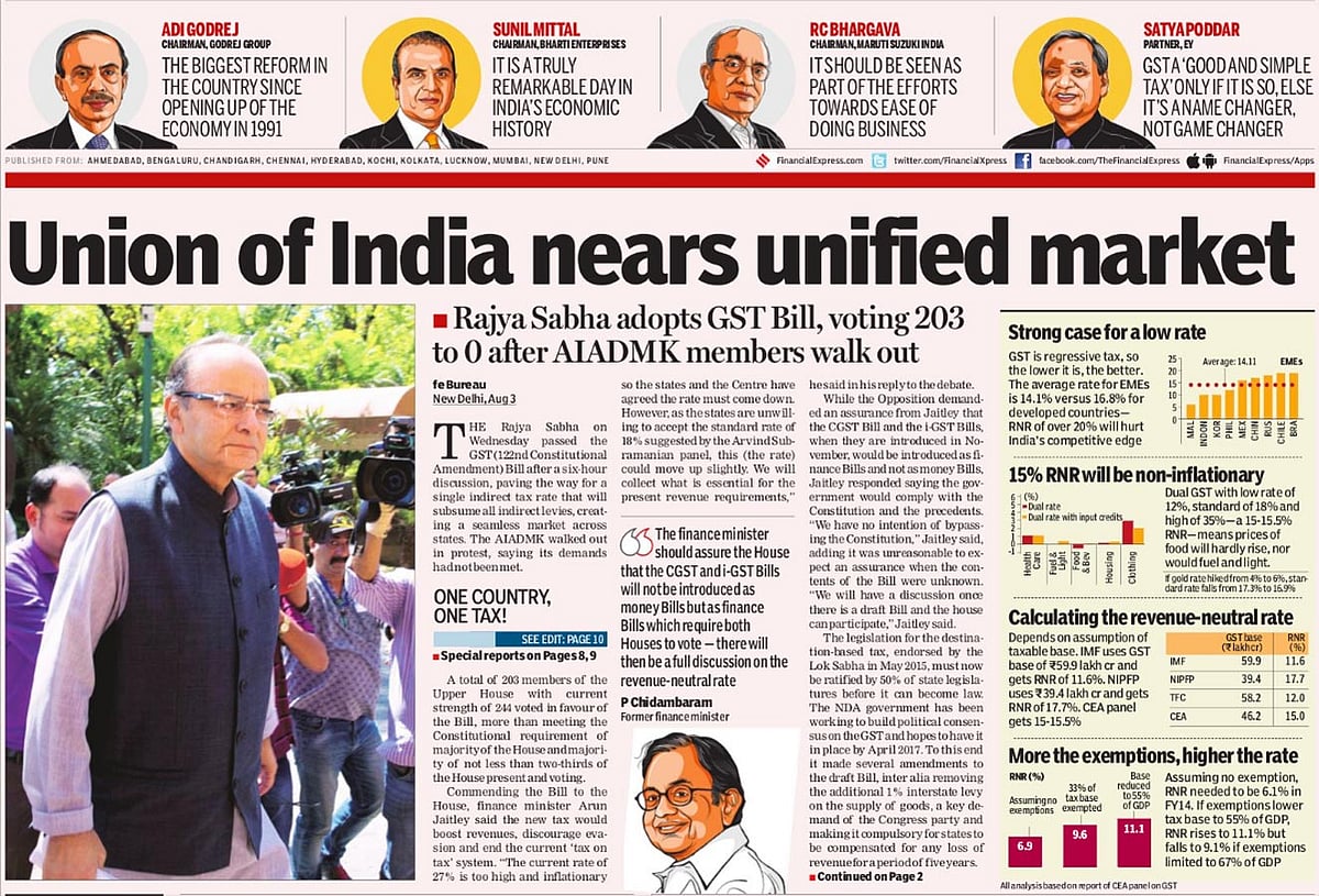 GST Vote Dominated the Front Pages of Indian Newspapers