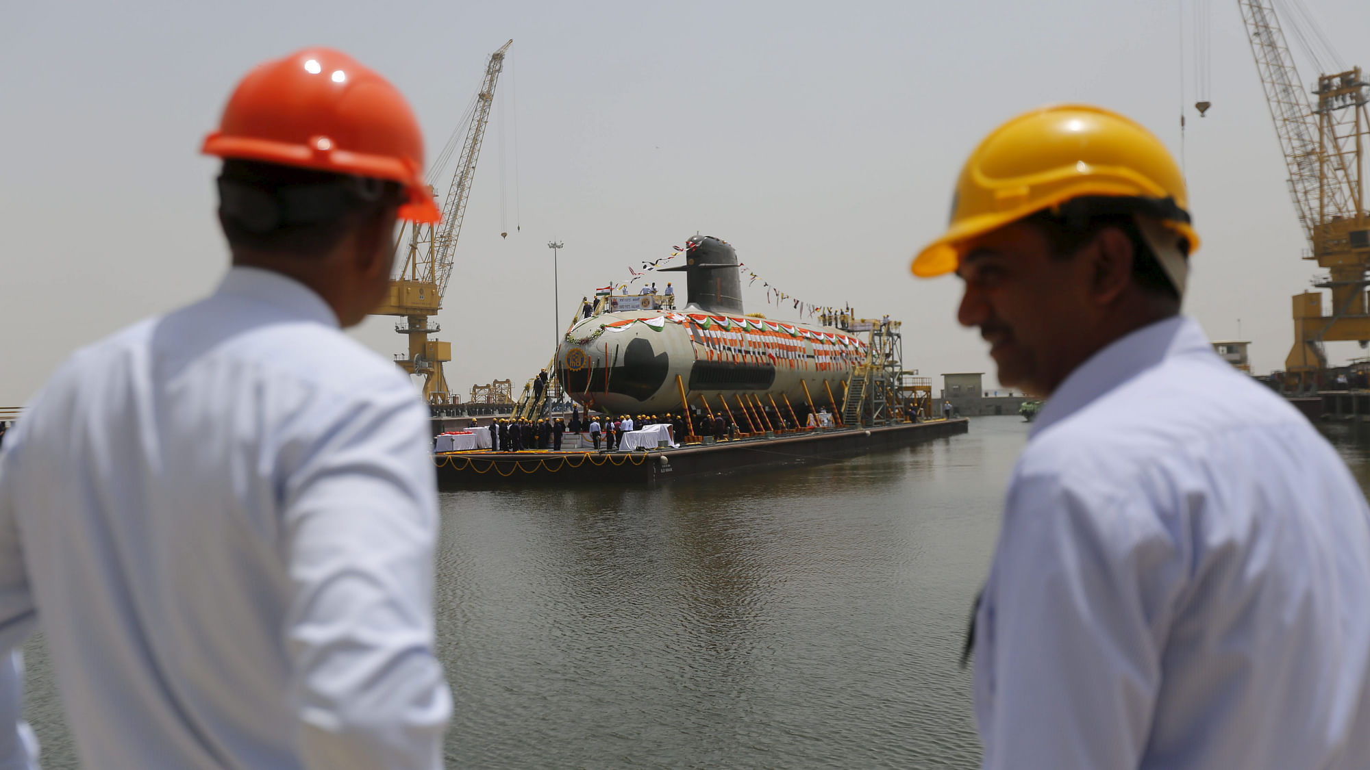  Indian Navy’s first Scorpene submarine is seen after being undocked from Mazagon Docks Ltd. (Photo: Reuters)