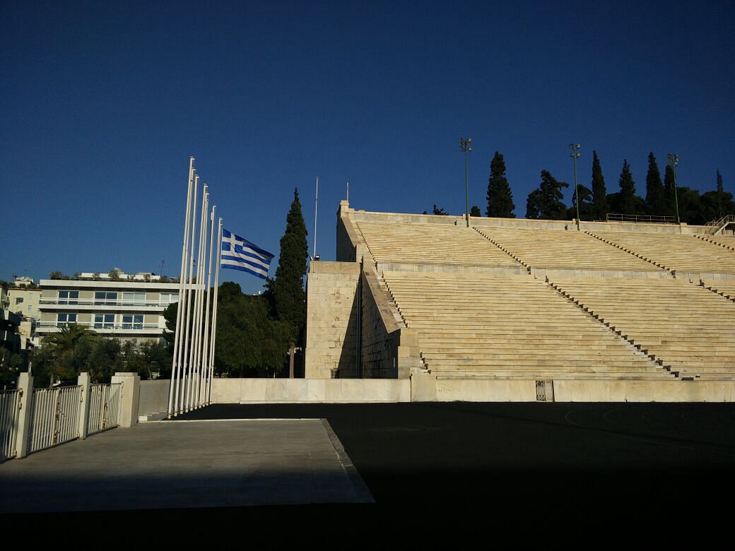 The mythical Olympic stadium in Athens is in an unusual place: bang in the middle of a traffic intersection. 