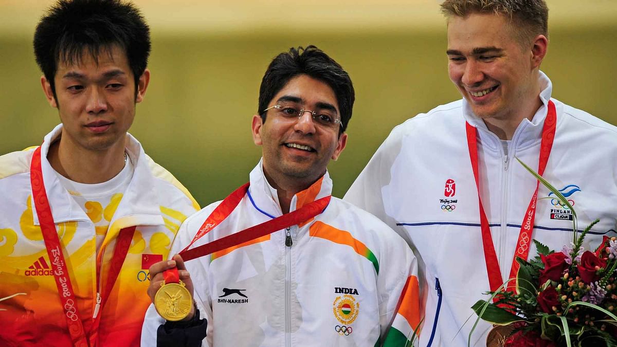 Abhinav Bindra with his Gold medal at the Beijing Games.&nbsp;