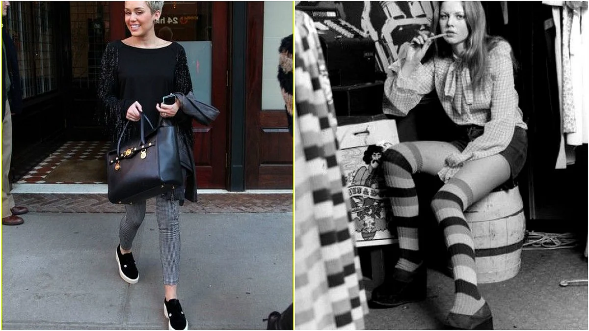 Miley Cyrus (left), long stockings often accompanied platform shoes in the past. (Photo Courtesy: Pinterest.com)