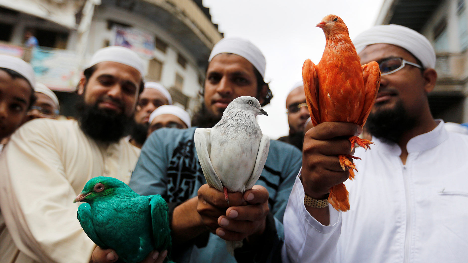 Muslims holding pigeons to release during a march for Independence Day in Ahmedabad. (Photo: Reuters)